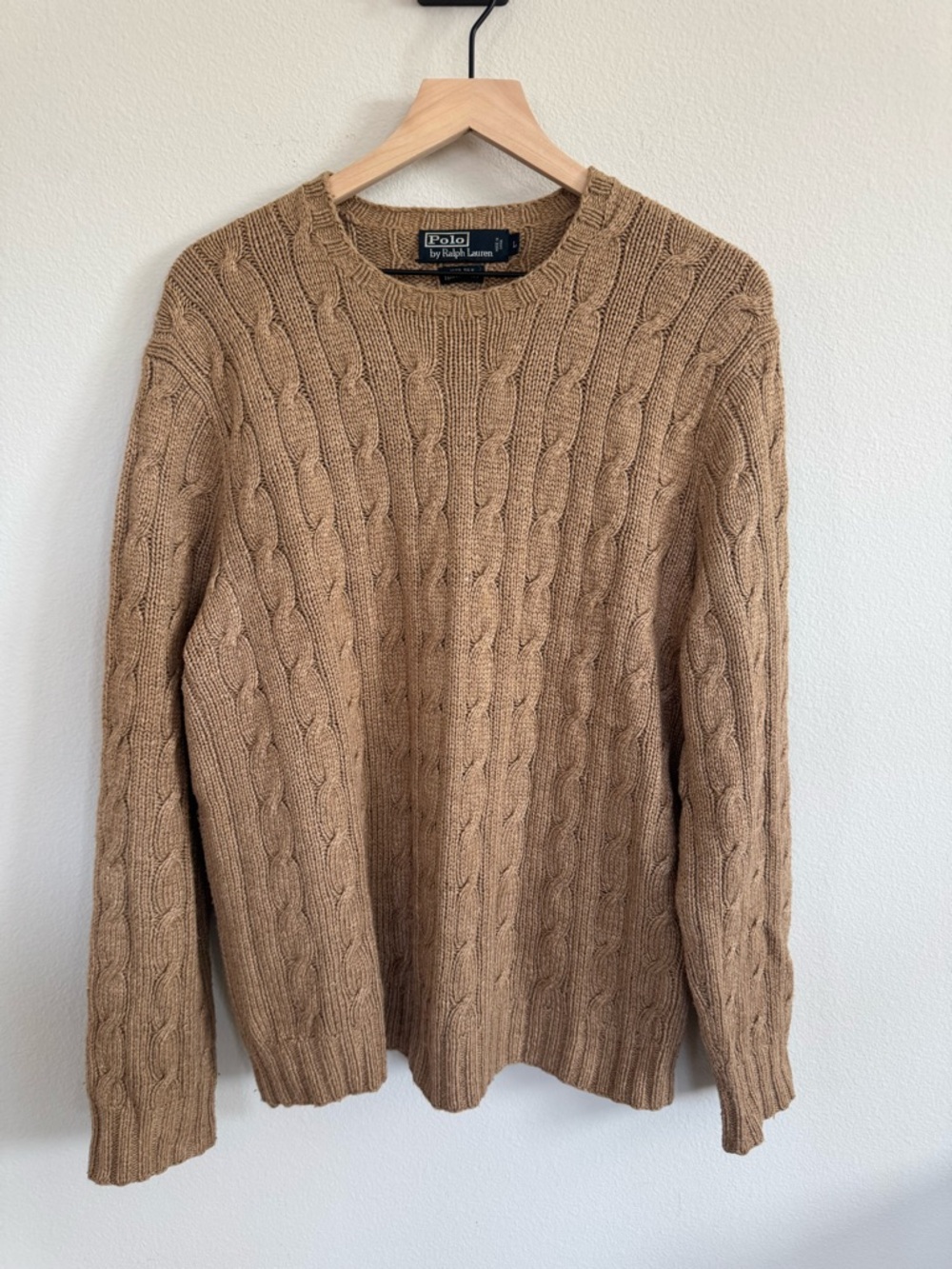 Vintage Polo by Ralph Lauren 100% Silk Hand Knit Cable Sweater Tan Minimalist L